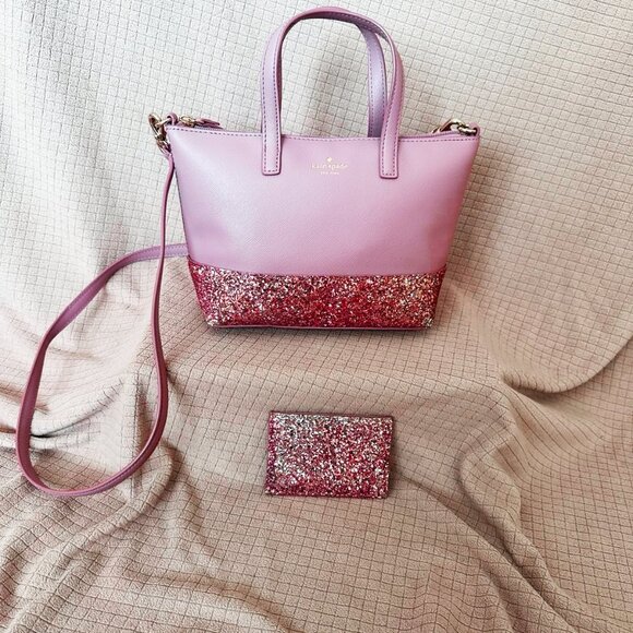 Kate Spade Greta Court Ina Glitter Dusty Peony Mini Satchel + Matching Card Case - Picture 4 of 13